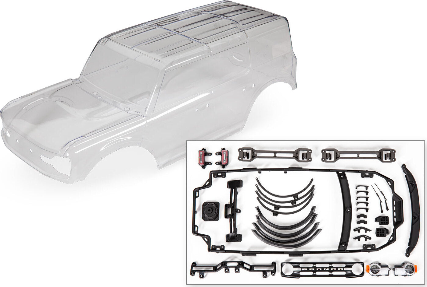 Body, Ford Bronco (clear, requires painting)/ decals/ window masks (includes grille, side mirrors, door handles, fender flares, windshield wipers, spare tire mount, clipless mounting, hardware) (requires #8080X inner fenders)